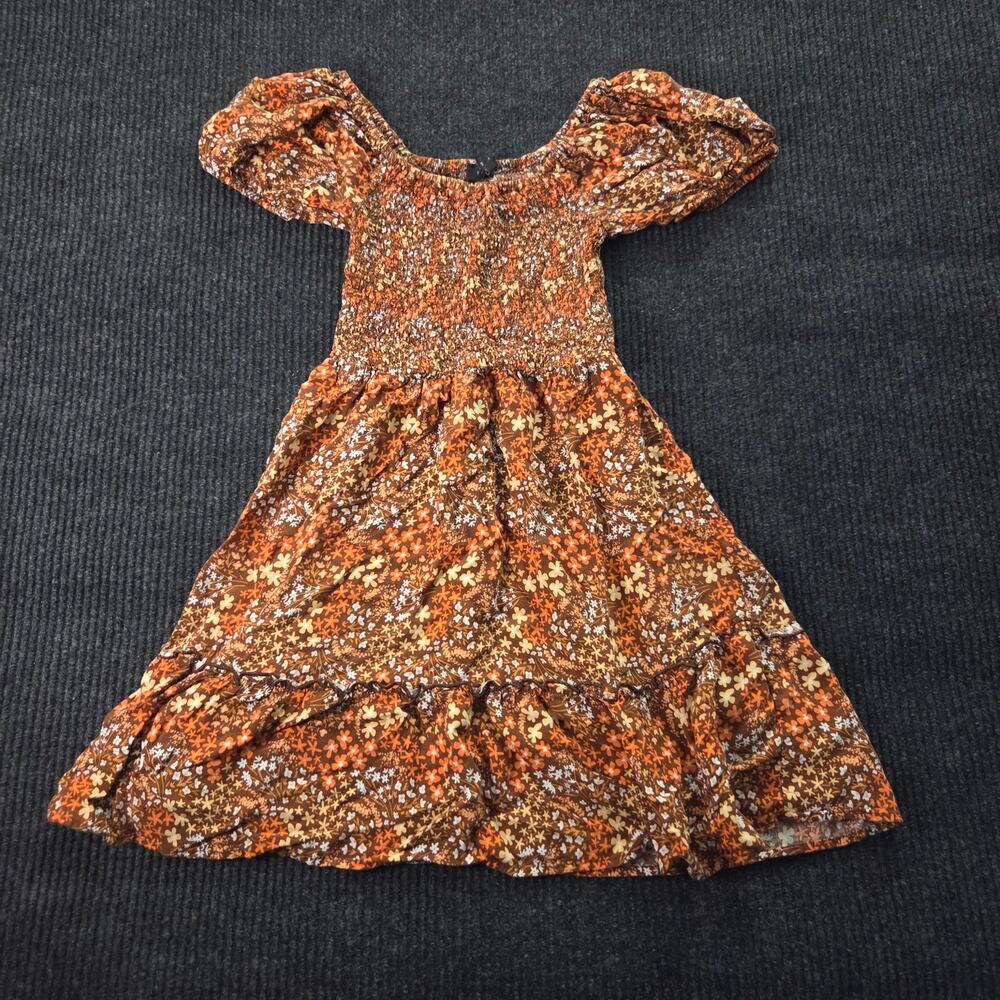 Boho Flowy Brown Orange Floral Puff Sleeve Mini Dress Small